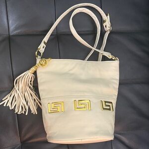 Paris Cream Leather Tassel Crossbody Bag with Gold Accents